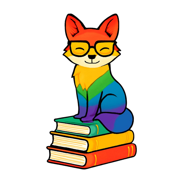 Rainbow fox mascot sitting on a stack of books